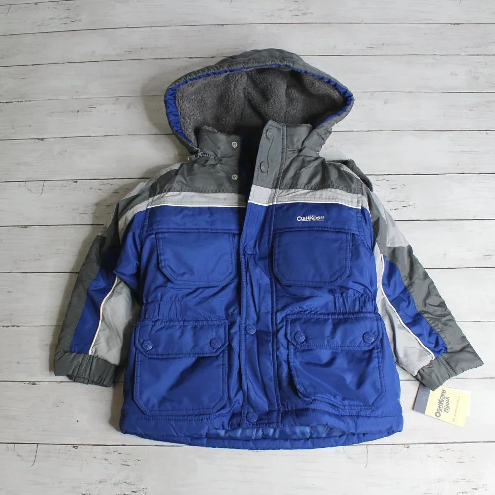 Oshkosh Boy's Hooded Winter Coat Youth Size S 4 Blue Gray Fleece Lined